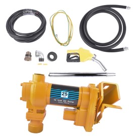 12V Yellow Fuel Transfer Pump 50amp Fuse w/Automatic Nozzle | 25 GPM High Flow DC Fuel Pump | for Gasoline, Diesel, Kerosene, Ethanol Blends, Methanol Blends, and Biodiesel | Cast Iron Heavy Duty