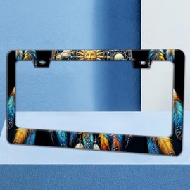 Dreamcatcher Feather License Plate Frame Tribal Ethnic License Plate Holders Funny Stainless Steel Auto Accessory Bracket 2 Hole with Screws Universal Us Car License Plate Frames 6x12 Inch