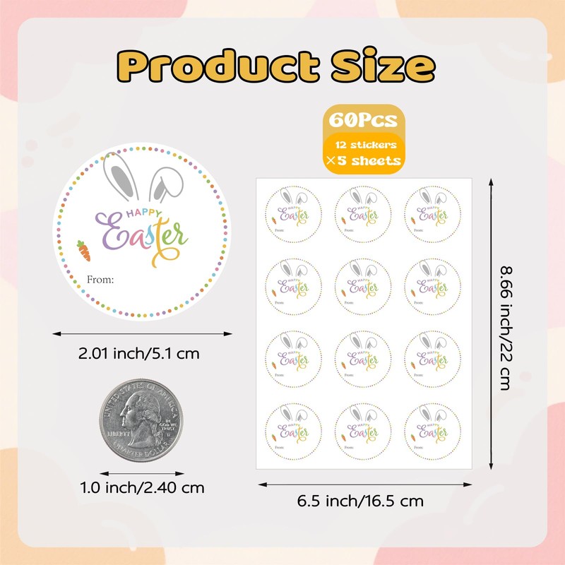 SerpizePaty 60Pcs Happy Easter Stickers, 2" Easter Bunny Stickers