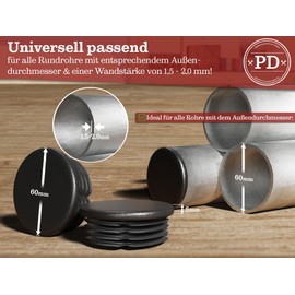 PD® Lamellar Plugs Round 60 mm for Round Tube – Round End Caps Made of PE Plastic – Pipe Plugs 60 mm for Pipe Cover of Steel Pipe, Stainless Steel Tube, Aluminium Tube and Aluminium Profile – Round