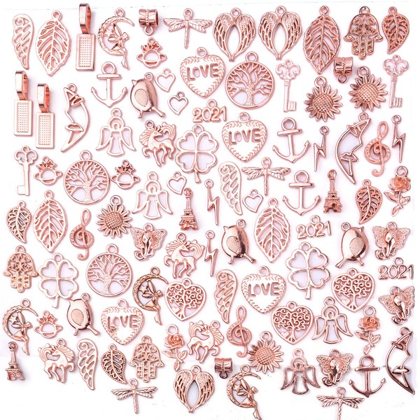 100pcs Rose Gold Mixed Charms Pendants Tibetan Alloy Vintage Charms Wholesale Bulk Crafts Supplies for DIY Necklace Bracelet Earring Handmade Jewelry Making Accessories