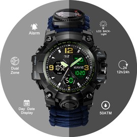 Kavie Mens Tactical Military Digital Watch, 23-in-1 Survival Multi-Functional Army Outdoors Sports Watches LED Electronic Wristwatches with Compass Paracord Band