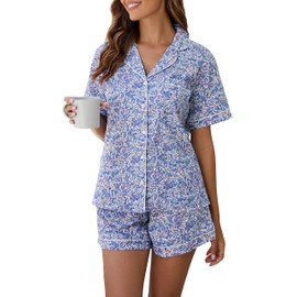 LUBOT 100% Cotton Women's Pajamas Set Button-Down Two-piece PJ Set Short Sleeve Printed Patterned Summer Sleepwear Loungewear (Berry, XL)