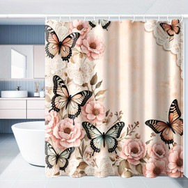 Dreamrflove Butterfly Shower Curtain, 1 Itembutterfly Shower Curtains for Bathroom, Pink Butterfly Floral Shower Curtain, 72x72 Inch Waterproof Polyester Insulated Home Decor