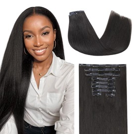 Lashey 150g 9pcs Hair Extensions Real Human Hair 22 Inch Natural Black Yaki Straight Seamless Clip in Human Hair Extensions with Soft Invisi Edge