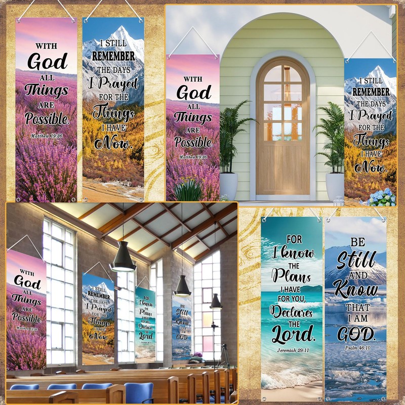 Moukeren 4 Pcs Church Banners with Scripture Religious Porch Banners