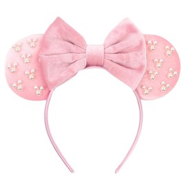 JIAHANG Velvet Mouse Pink Ears Hair Bow Headband with Pearls, Party Decoration Fashion Headwear Hair Accessories for Women Girls (velvet pink 03)