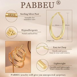 PABBEU Earrings 925 Silver Hoop Earrings Hypoallergenic Chunky Hoop Earrings Silver Large Thick Hoop Earrings Lightweight Silver Earrings Women Girls 35/40/50 mm, Silver, No Gemstone