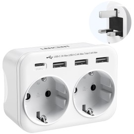 LENCENT Travel Adaptor UK Germany Plug, Type G Socket, Travel Plug with 1 USB-C & 3 USB-A Ports, Double EU Schuko to UK for England, UK, Scotland, Ireland, Maldives Sockets
