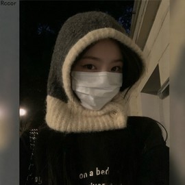 Women's Fall/Winter Warm Balaclava Scarf Knitted Wool Hat lf1528 Free Size / Blue + Yellow 4ea