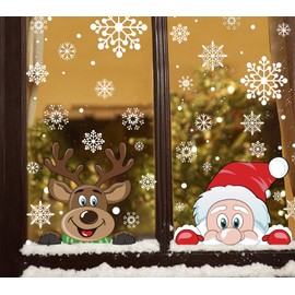VEYLIN Christmas Window Stickers, 6 Sheet Peeping Santa & Rudolph Snowflakes Window Clings PVC Staic Stickers for Christmas Window Display