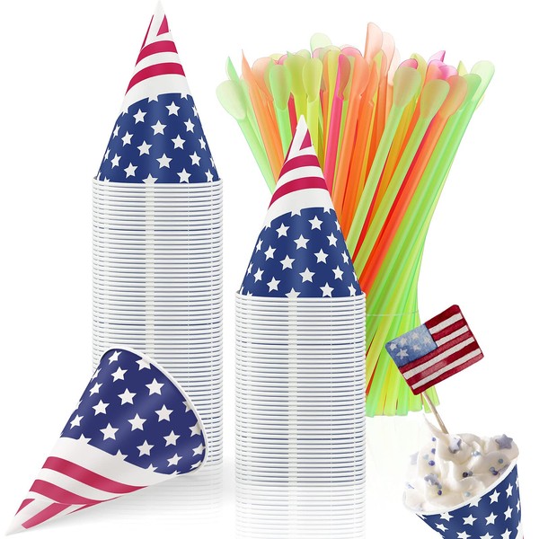 Disposable Snow Cone Cups and Spoon Straws American USA Flag Leakproof Paper Cone Cups for Slush Shaved Ice Cream Sorbet Water Patriotic 4th of July Independence Day Party (200 Pcs, 3.7 OZ)