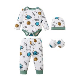 NZRVAWS Newborn Baby Boy Girl Clothes Infant Clothing Romper Pants Hat 4-Pack Outfits Set Hat Layette Essentials Mittens Space Summer
