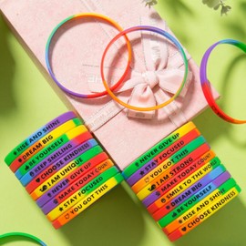 100 Pieces Ultra Thin Motivational Wristbands Friendship Bracelets Colored Inspirational Quotes Wristbands with Positive Affirmations Gifts （Rainbow color）