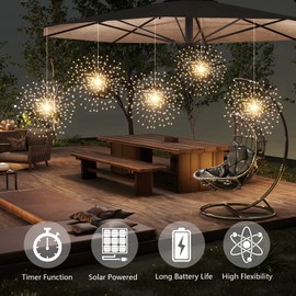 PXBNIUYA 1 Pack Starburst Sphere Lights with Remote Control,200 LED Firework Light, 8 Modes Dimmable Waterproof Hanging Fairy Light, Copper Wire Lights for Patio Parties Christmas (Solar Powered)