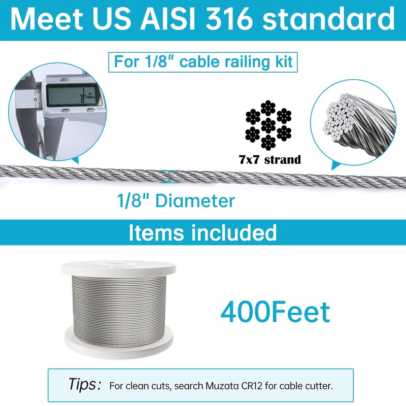 Muzata 400 ft 1/8" Stainless Steel Cable Railing System Hardware