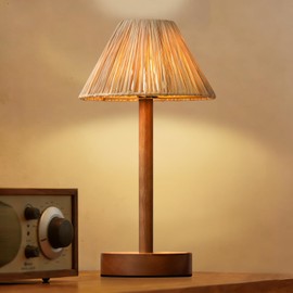 Bedside Lamp for Bedroom Decor - Dimmable Touch Table Lamp, Portable Small Lamp 13.19 in H with Solid Wood Base & Hand-Woven Raffia Lampshade, Rechargeable Lamp for Living Room/Kitchen/Office/Camping