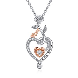 POPKIMI Christmas Gifts for Mom Nana Wife Sterling Silver Heart Pendant Necklace I Love You Forever Mom/Grandma Jewelry Birthday Gifts for Women, Sterling Silver, Cubic Zirconia,
