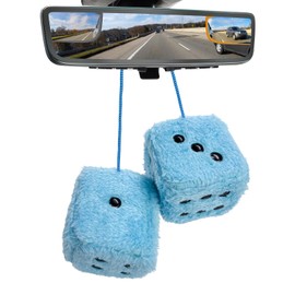 KVAEY 2PCS Fuzzy Plush Dice with Dots, 3 Inch Square Pair of Retro Rear View Mirror Hanging Ornament, Classic Vintage Soft Dice Pendant Auto Interior Mirror Decor, Car Accessories (Blue+Black)