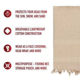 Rothco Solid Color Shemagh Tactical Desert Keffiyeh Scarf – Versatile Head and Neck Wrap – Great for Camping, Hiking, and Other Outdoor Activities –Tan
