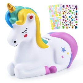 Piggy Bank Girls: Unicorn Piggy Banks - Unbreakable Plastic Coin Money Bank with Alphabet Stickers - Rainbow
