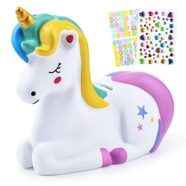 Piggy Bank Girls: Unicorn Piggy Banks - Unbreakable Plastic Coin Money Bank with Alphabet Stickers - Rainbow
