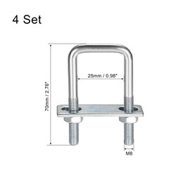 TA-VIGOR 4 sets M8 Square U-Bolts, 25mm Inner Width 70mm Length Steel U-Bolts with Nut, Plate, Washer for Attaching Piping Conduit Cable Tube Brackets Boat Trailer