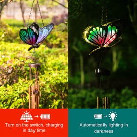 Adeco Wind Chimes,Solar Windchimes Butterfly Wind Chimes Outdoor Garden Decor for Patio, Porch, Garden, and Backyard,Memorial Wind Chimes,Birthday Gifts for Mom