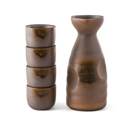 Urban Tokyo Japanese Sake 5 Piece Set Include 1 Sake Bottle and 4 Cups for Hot or Cold Sake Home or Restaurant Use Reactive Glazed Ceramic (Brown and Green)