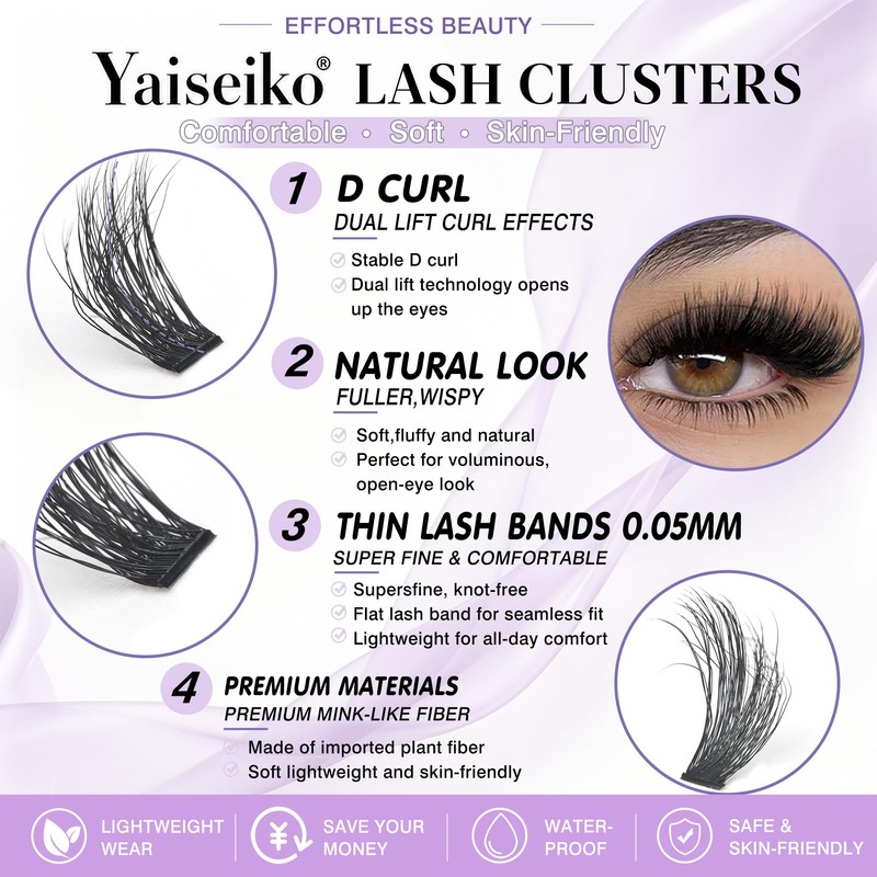 Yaiseiko 280Pcs 80D Wispy Lash Clusters 8-18MM Plant Fiber Individual