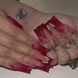 IMRAIN Press on Nails Long Square Fake Nails Matte Red Gradient False Nails with Flower & Butterfly Designs Full Cover Glue on Nails for Women Manicure Decoration