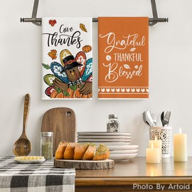 Artoid Mode Blessed Grateful Pumpkin Turkey Thanksgiving Kitchen Towels Dish Towels, 18x26 Inch Farmhouse Holiday Decoration Cleaning Set of 2