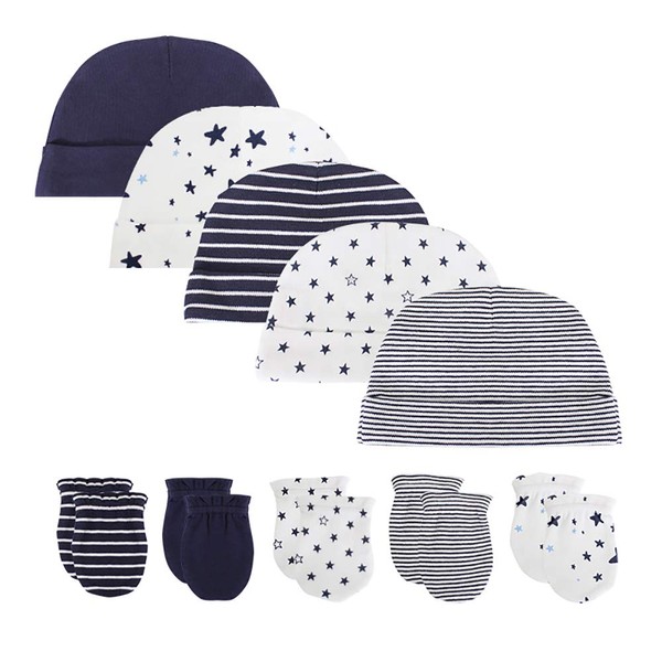 Lot de 5 Bonnets en Coton pour Nouveau-né et 5 Paires de Gants Anti-Rayures pour bébé 0-6 Mois avec Noir, Gris, Rose ou Bleu - Noir - Taille Unique