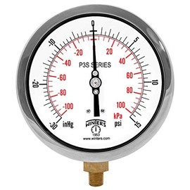 Winters P3S 300 Series Aluminum Dual Scale Pressure Gauge with Brass Internals, 30" Hg Vacuum-0-15 psi/kpa, 4-1/2" Dial Display, +/-0.5% Accuracy, 1/4" NPT Bottom Mount
