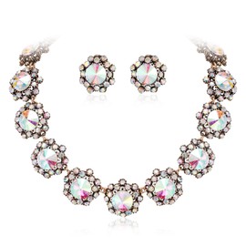 EVER FAITH Vintage Rhinestone Necklace and Earrings for Women Bohemian Boho Retro Round Crystal Statement Jewellery Set for Wedding Prom Party Daily Iridescent Antique Gold Tone