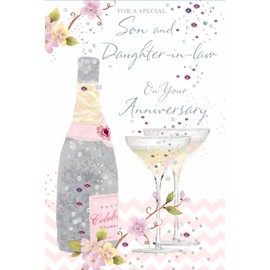 Son & Daughter in Law Anniversary Card Champagne and Glasses with Foil 9x6