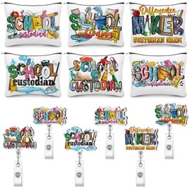 Kacctyen 12 Pcs School Custodian Gifts Set 6 Boho Makeup Bag 6 Badge Holder Retractable Badge Reels School Staff Janitor Custodian Appreciation Gift for Party Favor Supplies