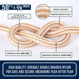 RainierSupplyCo Boat Anchor Rope - Double Braided Marine Rope Anchor Line - 50 ft x 3/8 Inch Nylon Boating Line with 316 Stainless Steel and Heavy Duty Marine Grade Bow Shackle - White/Gold