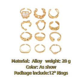 GAUEIOUR 12PCS Gold Chunky Rings for Women, Boho Stackable Knuckle Rings Set,Hypoallergenic Chunky Gold Ring for Teen Girls Adjustable Ring Dainty Jewelry Gifts