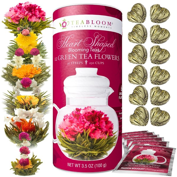 Teabloom Heart Shaped Flowering Tea – 12 Assorted Blooming Tea Flowers – Green Tea + Jasmine, Pomegranate, Strawberry, Rose, Litchi & Peach – Gift For Tea Lovers, Anniversary, Valentine, Birthday