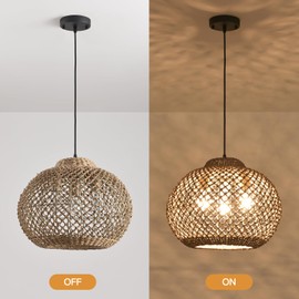 LHJIHFU3- Light 16.94" Rattan Pendant Light Fixture, Ceiling Hanging Handmade Woven Wicker Bohemian Lighting Adjustable Height for Kitchen Island Bedroom Living Room Farmhouse