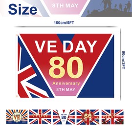 5ft VE Day 80th Anniversary Flag,VE Day Large Flag 80th Victory Flags 5*3FT,80 Years Victory In Europe Flags 80 Years VE-Flag Party Parades Celebration Decor Bunting Banner 2025 Gifts Memorabilia (E)