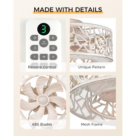 JAZAVA 18 Inch Low Profile Ceiling Fan,Caged Ceiling Fan with Light and Remote Control,White Flush Mount Ceiling Fan with 6 Speed and Reversible Blades,for Bedroom, Kitchen, Living Room,CF06-WWD