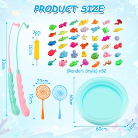 Fishing Game for Kids, 58 PCS Magnetic Fishing Game Set with 2 Pole Rods, 2 Net, 1 Inflatable Pool, 1 Inflator, 52 Toy Fish, Paddling Pool Toys for 3 4 5 6 Year Old Toddlers