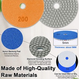 Kocusu Pack of 16 Diamond Polishing Discs 125 mm, Professional Wet-Dry Diamond Polishing Disc 50-10000 Grit with M14 Rubber Backing Plate and Foam Polishing Pads for Marble, Granite, Concrete