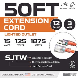 IRON FORGE CABLE 50 Ft Orange Extension Cord - 12/3 SJTW Heavy Duty Lighted Outdoor Extension Cable with 3 Prong Grounded Plug for Safety, 15 AMP - Great for Garden & Major Appliances