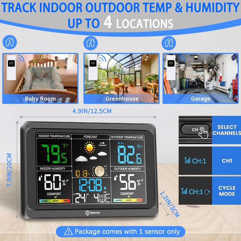 Geevon Upgraded HD Display Weather Station Wireless Indoor Outdoor Thermometer,