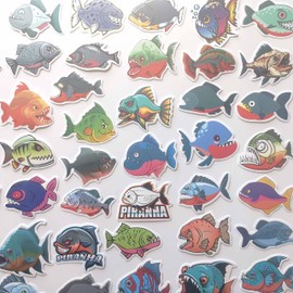 Generic 50Pcs Angry Piranha Sticker Funny Fishing Rod Decals Terrible Bonfish Decal Fishing Decals for Trucks Canoe Boats