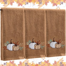 Fanfanwin 3 Pcs Thanksgiving Hand Towels for Bathroom 13.8 x 29.5'' Fall Decorative Bath Towels Sets 100% Cotton Embroidered Pumpkin Maple Autumn Fall Bathroom Towels Decor(Khaki,Pumpkin)
