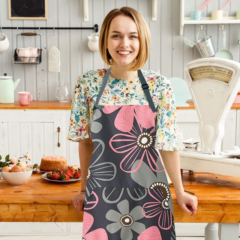 LECTNORE Chefs Kitchen Aprons, Floral Aprons for Women Adjustable Apron